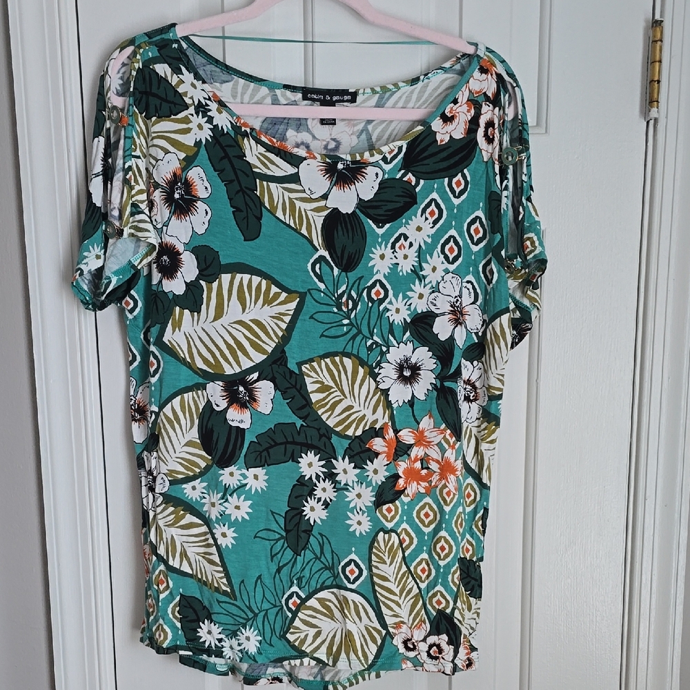 Cable & Gauge Teal Floral Blouse